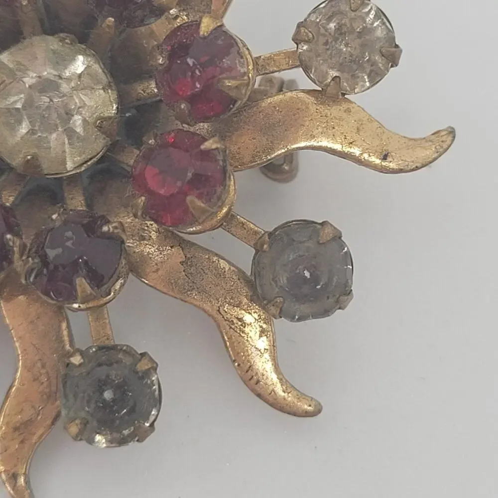 Vintage Atomic Starburst Brooch Red White Rhinestone Retro Statement‎ Glam